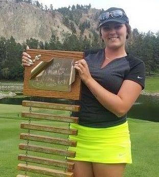 <who>Photo Credit: Contributed </who>Madison Kapchinsky with KGCC Ladies Open plaque.