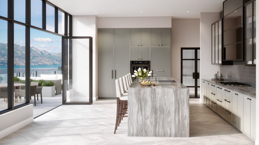 </who>The penthouse has two kitchens, one indoor (pictured) and another on the expansive, wrap-around terrace.