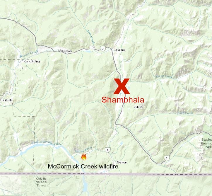 The fire is about 30-40 kilometres away from the Shambhala site.