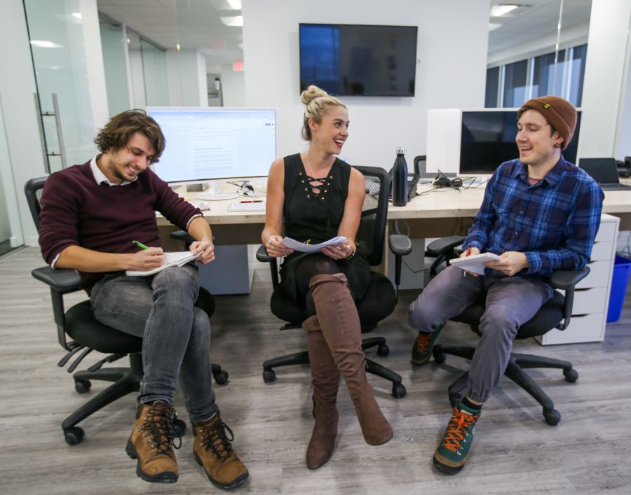 <who> Photo credit: NowMedia </who> New reporter Iain Burns (left), operations manager Karen Montgomery (centre) and reporter Dylan McCullough