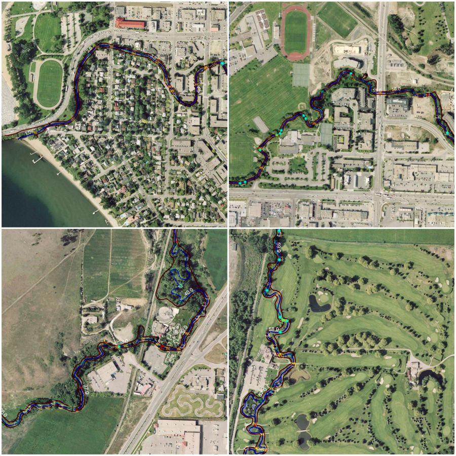 </who> Mill Creek ends by City Park but flows all through Kelowna, crossing the Apple Bowl, Scandia, Kelowna Springs and the Airport.