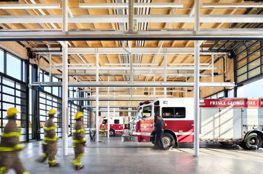 </who>Prince George Fire Hall No. 1 features expansive drive-through bays that can accommodate five fire trucks at a time.
