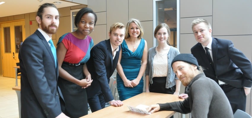 <who> Photo Credit: UBC Okanagan </who> UBC Okanagan students get together after their formal presentation about proposed plans to make Penticton a healthier community. 