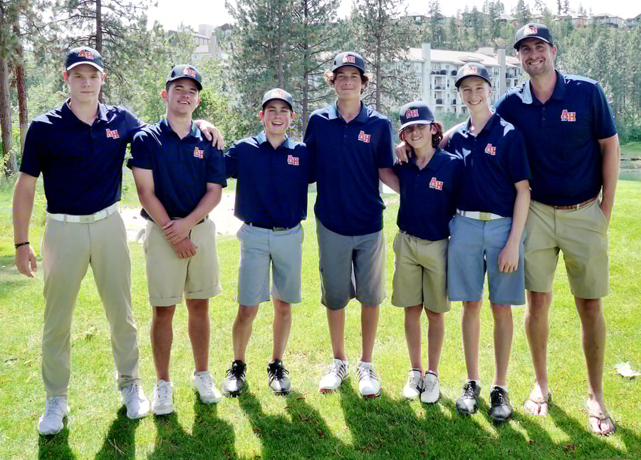 <who>Photo Credit: Contributed</who>The Aberdeen Gryphons breezed to a second straight B.C. School Sports senior A golf championship at the Okanagan Golf Club's Quail course. Members of the provincial championship team are, from left: Cole Wilson (assistant coach), Kristian Isa, Cooper Humphreys, Tyson Jugnauth, Colton Jugnauth, Cam Bibby-Fox and Michael Hooper (coach).