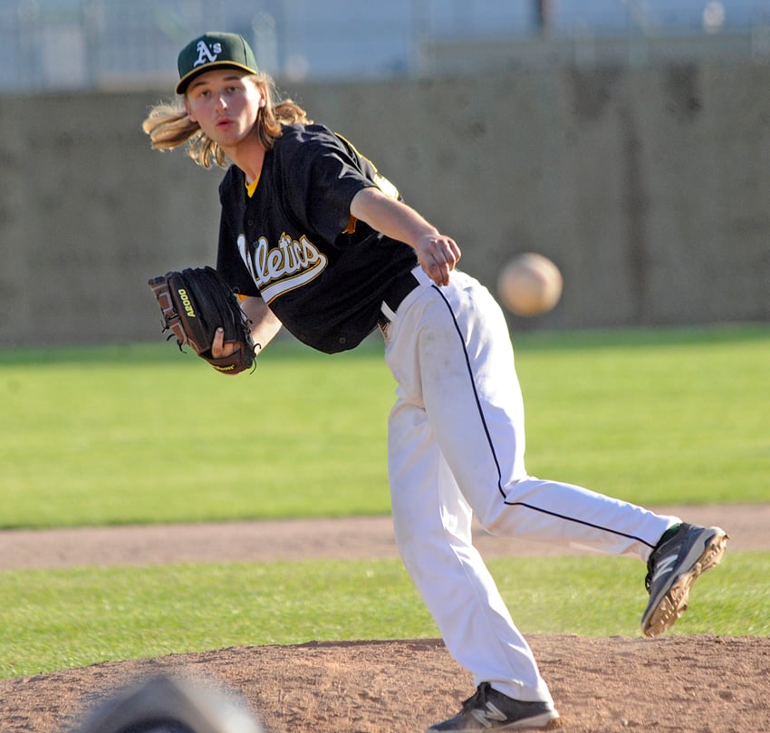 <who>Photo Credit: Lorne White/KelownaNow </who>Ethan Huizinga delivers in relief against the Tritons in the A's second win of the weekend.