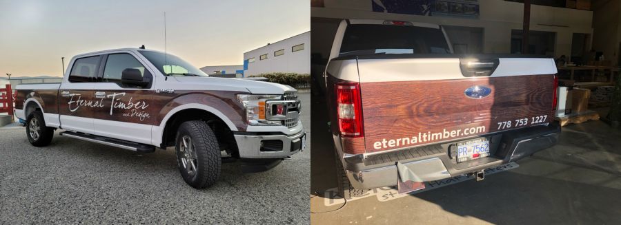 <who>Photo Credit: d6 Print Studio</who>Eternal Timbers create a wood paneling on their modern company vehicle 
