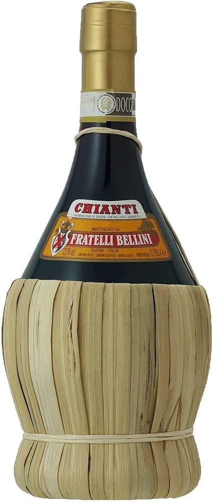 </who>Chianti in an old-fashioned squat bottle in straw basket, which is also called a 'fiasco'.