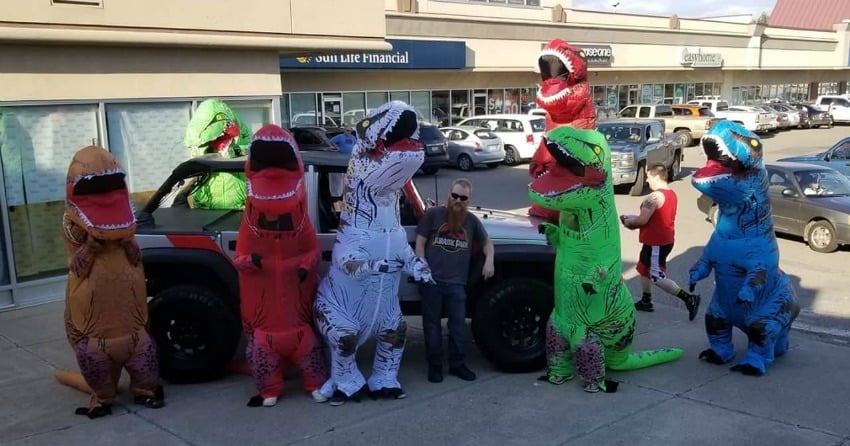 Left to right: Marc Russman(brown), Robert Barwise(red), Brayden Erickson(green) Samuel Gyllich(white), Steve Bush (JP shirt/jeep owner) Sam Wiebe(green), Chris Bennett(red), Jackie Bennett(blue)