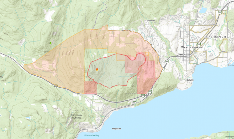 <who> Photo credit: BCWS </who> The fire's perimeter (red line), evacuation orders (red) and alerts (orange).