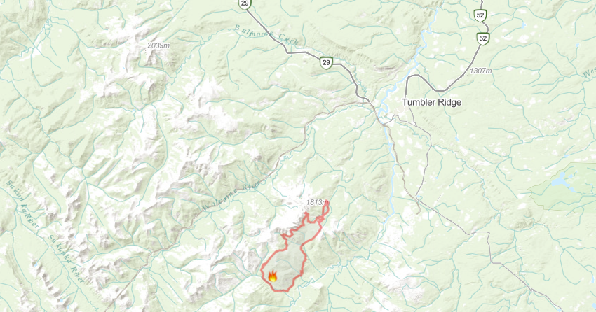 <who> Photo Credit: BCWS</who> The Tentfire Creek wildfire, south west of Tumbler Ridge.