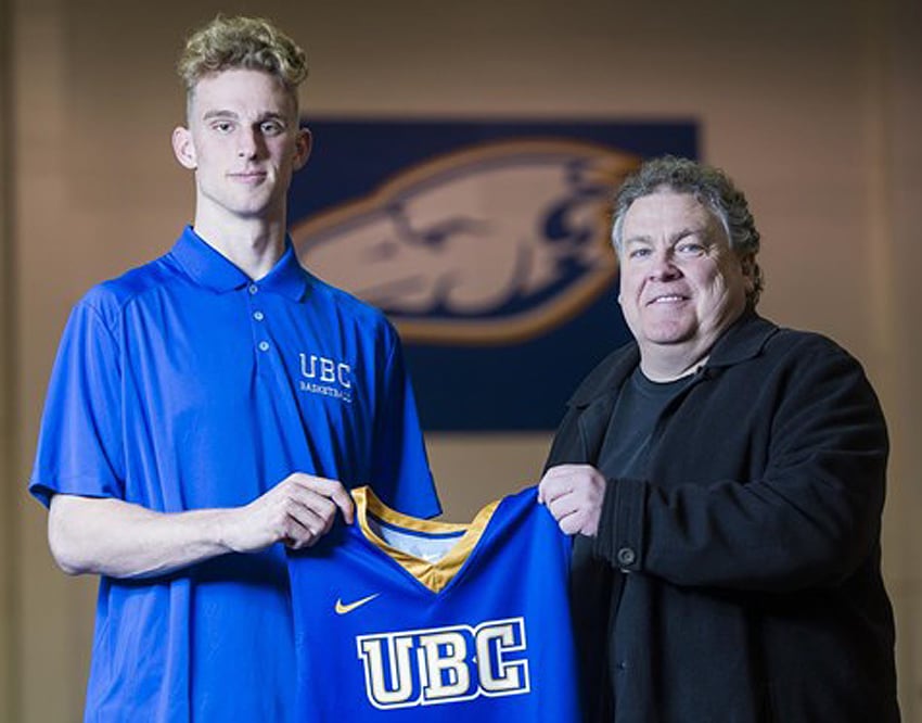 <who>Photo Credit: UBC Athletics </who>Kelowna's Grant Shephard with UBC head coach Kevin Hanson after signing with the T-Birds last month.