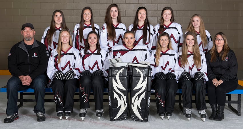 <who>Photo Credit: Contributed </who>The Kelowna Heat are heading to Surrey this weekend for the Ringette BC under-19A championship tournament. The of the Thompson Okanagan Ringette League representatives are, from left, front: Dan Pilon (head coach), Jordyn Cates, Stephanie Russo, Stephanie Hamilton, Keely Horning, Mia Johnston and Laurie Horning (assistant coach). Back row: Kailey Fisher, Kiana Wong, Amanda Rizzo, Taylor Pilon, Samantha Wiegel and Makaila Bowes. Missing: Grace Dixon and Lynn Russo (manager).