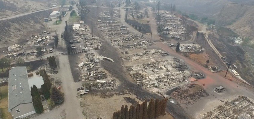 The Boston Flats Mobile Home Park that was destroyed by the Elephant Hill wildfire this July. Photo Credit: Thompson Nicola Regional District drone footage. 
