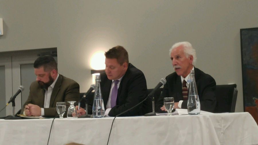 The three leading contenders to become mayor of Penticton in the Oct. 20 municipal election - Jason Cox (left), incumbent Andrew Jakubeit and former councillor John Vassilaki - discussed public safety, crime and safe injection sites at Tuesday's forum at the Lakeside Resort & Convention Centre.