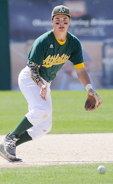 <who>Photo Credit: Lorne White/KelownaNow </who>A's McCoy Pearce went 4-for-4 in a losing cause.