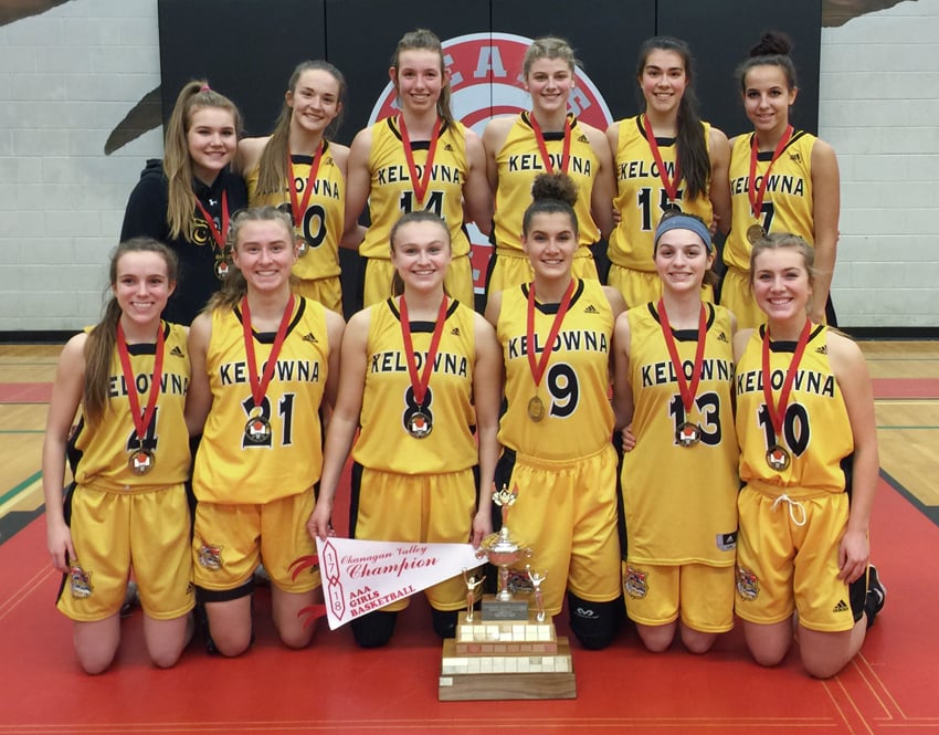 <who>Photo Credit: Contributed: </who>The Kelowna Owls scored more than 100 points in both games on the way to their fourth straight Okanagan Valley senior AAA girls basketball championship at Mt. Boucherie Secondary School on the weekend. Members of the winning team, coached by Darren Semeniuk, Heather Semeniuk and Quentin Thiessen, are from left, front: Kasey Patchell, Jenna Holland, Rachel Hare, Taya Hanson, Kyara Klempner and Dez Day. Back: Kassidy Day, Rylee Semeniuk, Jordan Kemper, Kennedy Dickie, Jaeli Ibbetson, and Paige Watson.