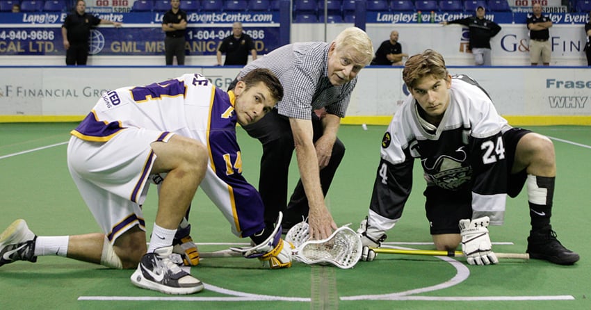 <who>Photo Credit/Copyright: Dan Brodie </who>Howie Carter of Kelowna performs the ceremonial face-off before the third game of the 2016 Minto Cup championship series between the Orangeville Northmen and Coquitlam Adanacs at the Langley Events Centre.