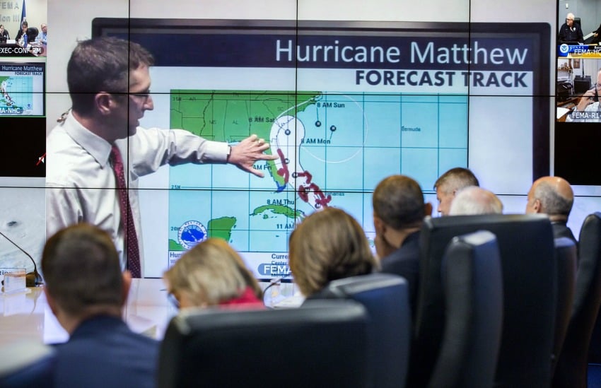 <who> Photo Credit: Official White House Photo by Pete Souza. </who> President Barack Obama and other officials watch a tracking forecast during a briefing on Hurricane Matthew at Federal Emergency Management Agency (FEMA) headquarters in Washington, D.C., Oct. 5, 2016. 