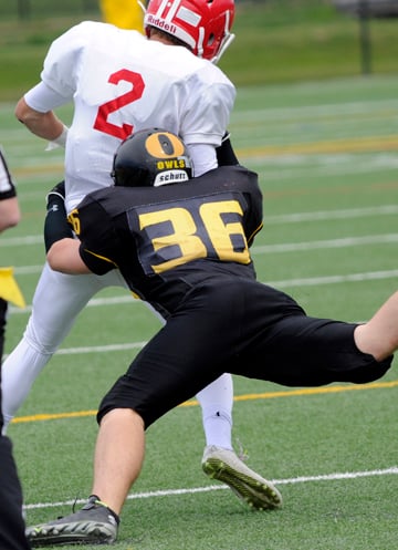<who>Photo Credit: Lorne White/KelownaNow </who>Sean McMechan made five tackles in a losing cause.
