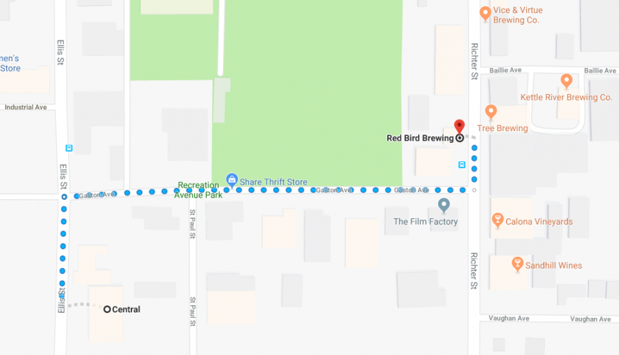 <who>Photo Credit: Google Maps</who>Head over the recreation avenue and walk past King's Stadium to get to Red Bird, Kettle River or Vice & Virtue.