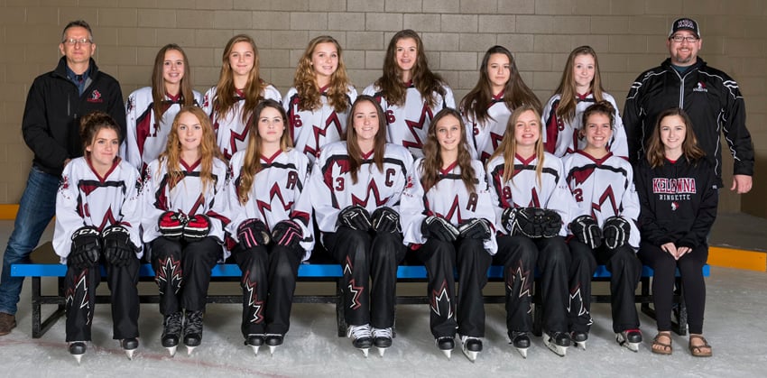 <who>Photo Credit: Contributed </who>The Kelowna Elite will be out to duplicate a gold-medal victory at the recent Kelowna Sweetheart tournament when they compete at the Ringette BC provincial U16A championship in Surrey this weekend. Members of the TORL championship team are, from left, front: Breanna Panagos, Kianna McRae, Brenna O'Flynn, Chelsea Statham, Hailey Quiring, Emily Stewart, Bianca Panagos and Caitlin Pineau (assistant coach) Back: Michael Wuthrich (assistant coach), Jessye Large, Athena MacLeod, Erin Tanner, Geneva Wuthrich, Sara MacMillan, Kylie Brown and Todd MacMillan (head coach)