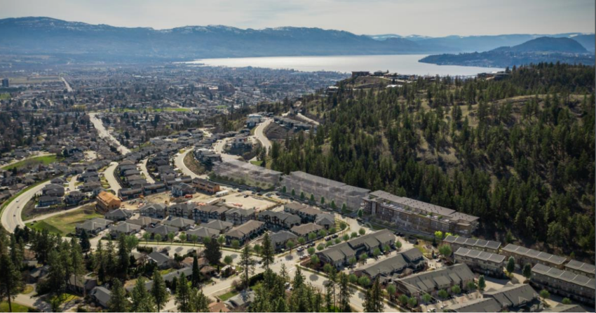 <who> Photo Credit: City of Kelowna staff report </who> A rendering showing the proposed housing project, located along the hillside.