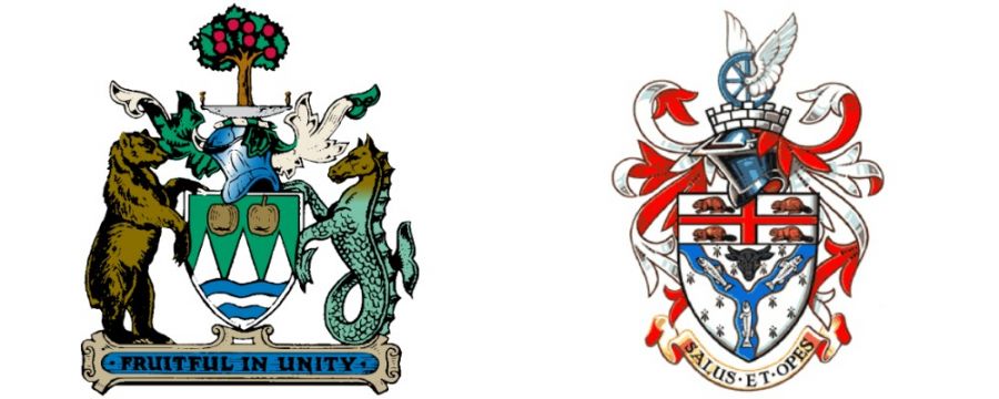 <who> Photo Credit: City of Kelowna and City of Kamloops websites. </who> The Kelowna Coat of Arms (L) and the Kamloops Coat of Arms (R). 