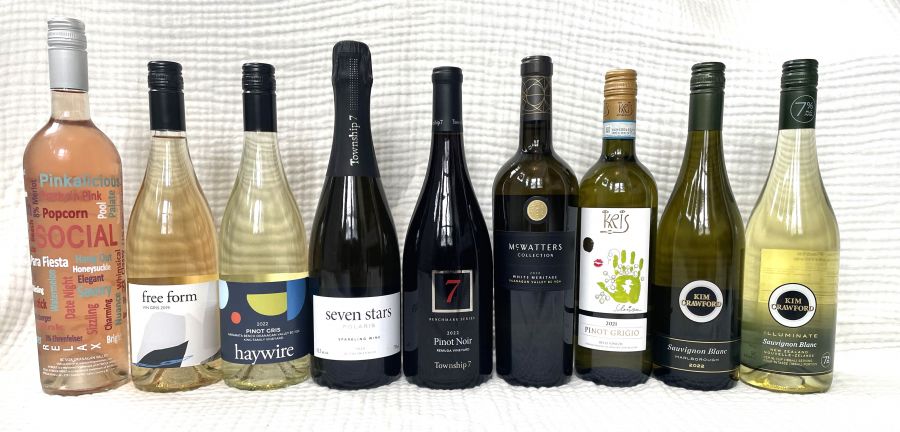 </who>Any one, or all, of these amazing bottles is an ideal choice for Global Drink Wine Day. From left, Intrigue 2022 Rose ($21.50), Free Form 2019 Vin Gris ($30), Haywire 2022 King Family Vineyard Pinot Gris ($30), Township 7 Seven Stars 2020 Polaris ($40), Township 7 Pinot Noir 2022 ($42), McWatters Collection White Meritage 2020 ($30), Kris 2021 Pinot Grigio ($20), Kim Crawford 2022 Sauvignon Blanc ($23) and Kim Crawford Illuminate Sauvignon Blanc ($23).