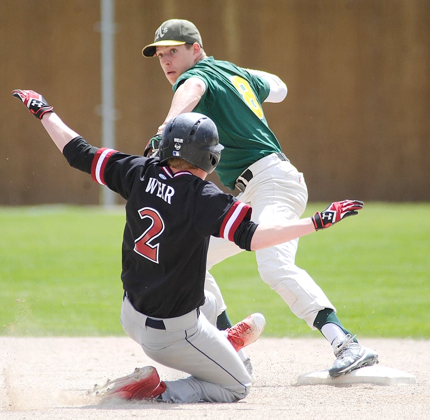 <who>Photo Credit: Lorne White/KelownaNow </who>Athletics' shortstop Dylan Faulkner turns the double play against the Victoria Eagles on Sunday.