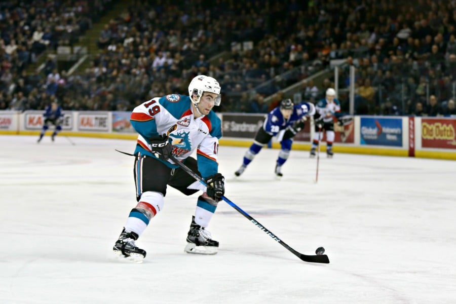 <who>Photo Credit: KelownaNow</who>With two goals and two assists, Dillon Dube was the hero in Saturday's game.