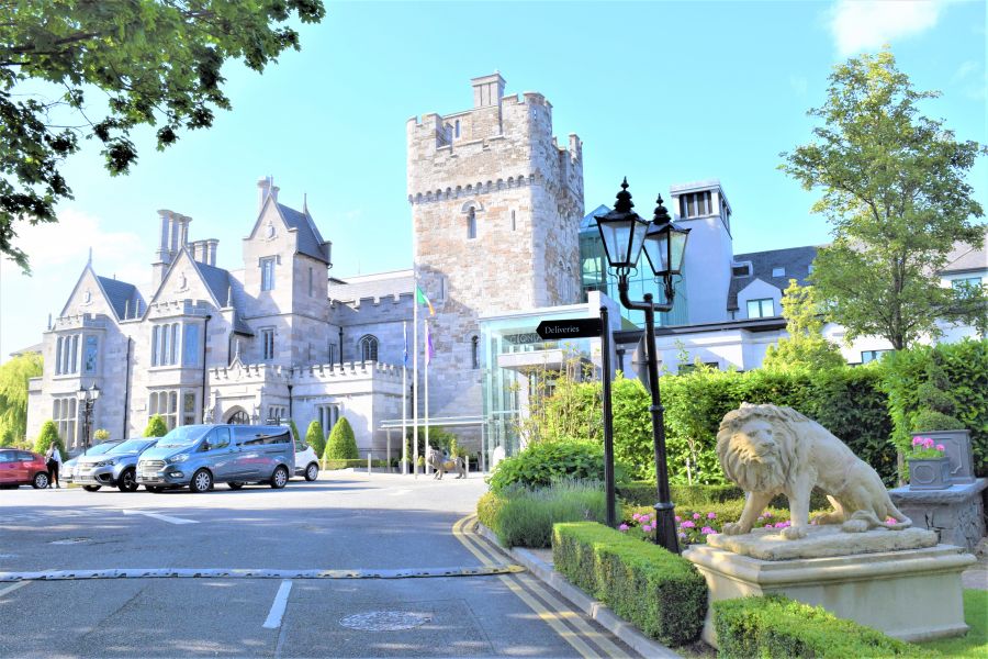 </who>Clontarf Castle, above, has been added onto over the centuries and been turned into a hotel, but the centre section is original and dates back to 1172. Below, room 422 at Clontarf Castle Hotel features nobility-chic decor.