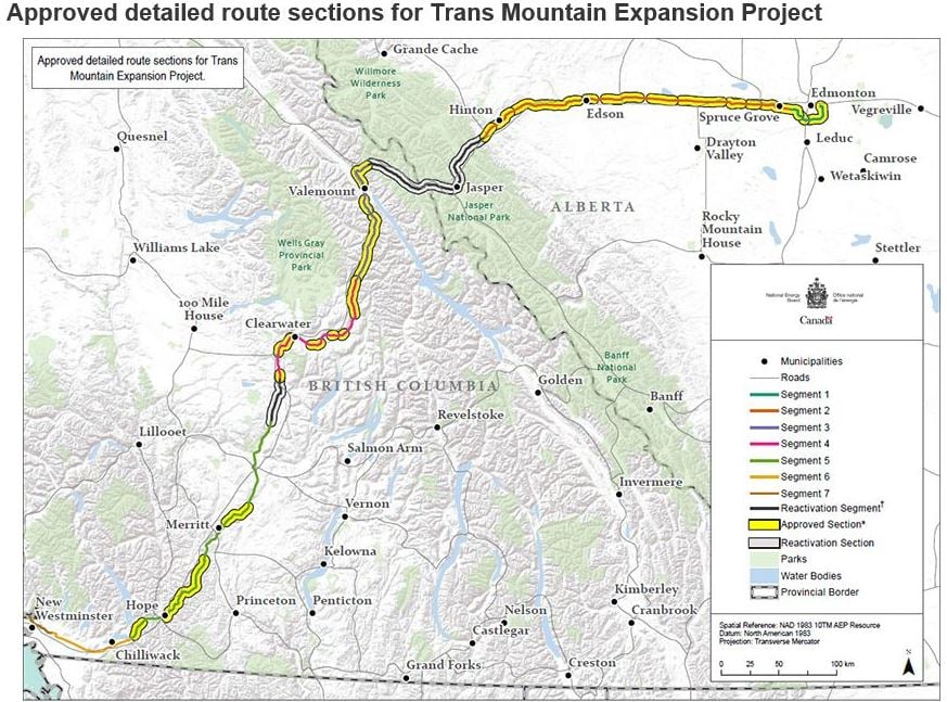 <who> Source: NEB </who> Approved route sections for Trans Mountain Expansion Project.