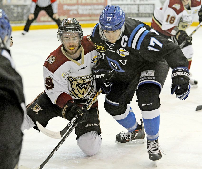 <who>Photo Credit: Lorne White/KelownaNow </who>Instead of going to Everett of the WHL, Jost, right, decided to play two seasons with the BCHL's Penticton Vees.