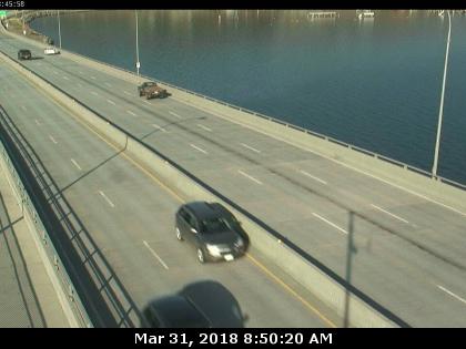 Mid span of WR Bennett Bridge connecting Kelowna and West Kelowna, looking west.