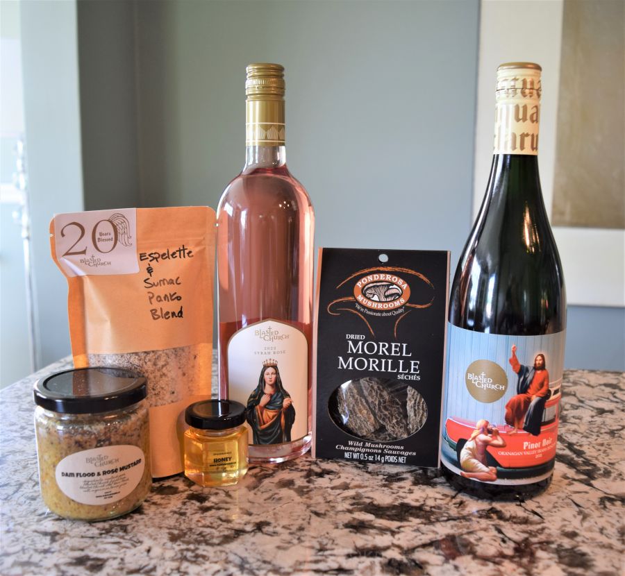 </who>The Gourmet Blessings box ($99) from Blasted Church Vineyards in Okanagan Falls includes two bottles of wine -- 2022 Syrah Rose and 2021 Skaha Bench Pinot Noir -- and ingredients to make a panko-crusted Chevre goat cheese fresh green salad and morel mushroom risotto.