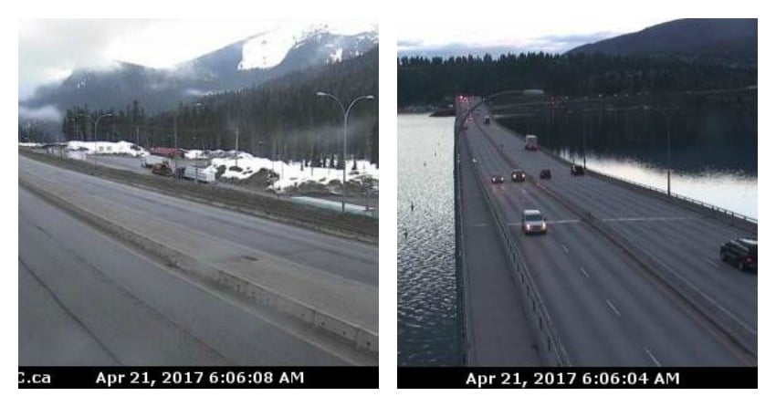 <who> BC Highway Cams </who> Left: Zopkios northbound on HWY 5 Coquihalla Right: William R. Bennett Bridge.