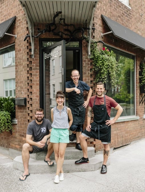 <who> Photo Credit: Alanna Hale </who> L to R: Battuto staff, Pascal Bussieres (sommelier and partner), Amelie Pruneua (server), Paul Croteau (Pastry Chef and partner), Chef Guillaume St-Pierre.
