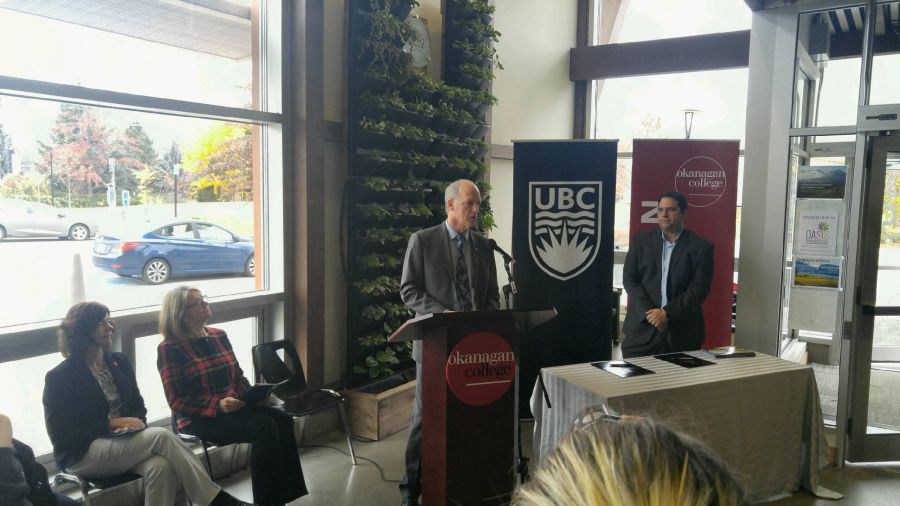 <who>Photo Credit: NowMedia </who>Okanagan College president Jim Hamilton speaks at Thursday's media conference to announce a partnership agreement with UBCO on numerous green energy and green construction initiatives.