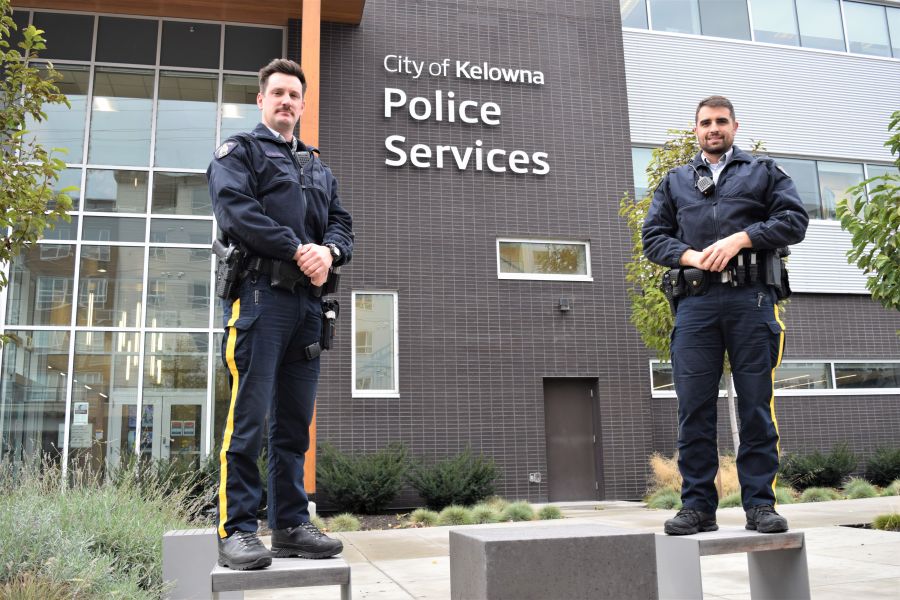 </who>Cst. Mike Gauthier, left, and Cst. Sam Boutin are the Kelowna RCMP's only foot patrol police officers.