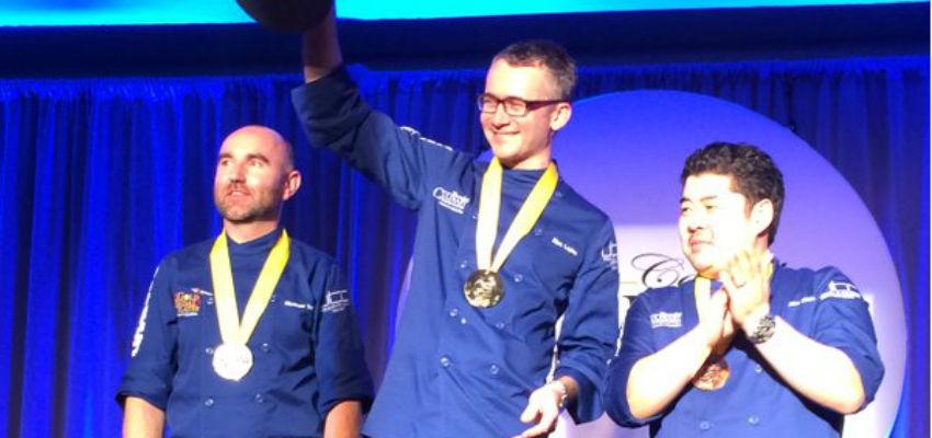 <who> Photo Credit: Gold Medal Plates/ Twitter </who> Silver medalist, Chef Matthew Batey, gold medalist, Marc Lepine and bronze medalist, Alex Chen. 