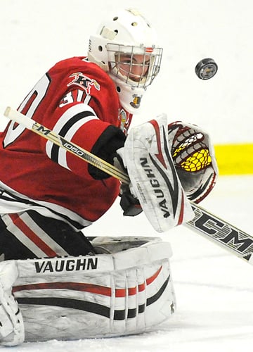 <who>Photo Credit: Lorne White/KelownaNow.com </who>Brady Lenardon stopped 25 of 27 shots in a losing cause.