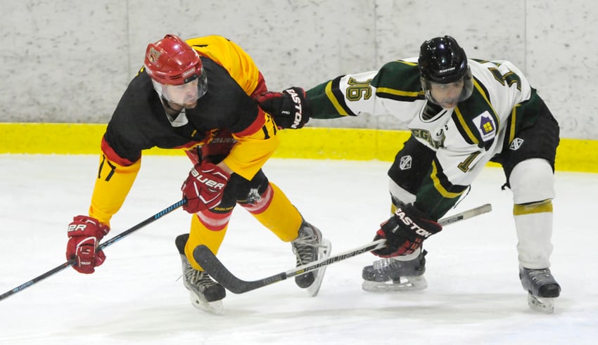 <who>Photo Credit: Lorne White/KelownaNow </who>Sparta's Kelly Loudoun, left, scored three times in a 10-4 series-clinching win over Powell River.