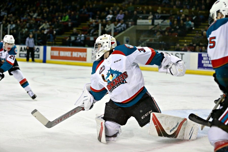 <who>Photo Credit: KelownaNow</who>Brodan Salmond, who relieved Michael Herringer early in the second period faced just 12 shots in the game and made 10 saves.