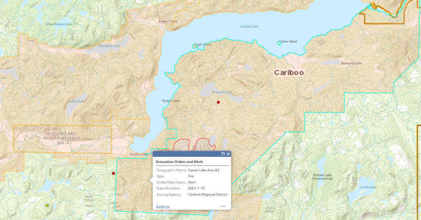 <who> Photo Credit: BC Wildfire dashboard / Evacuation alert due to the South Canim Lake wildfire.