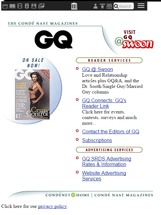 <who> Photo Credit: Internet Archive Wayback Machine </who> GQ Magazine website in 1999.