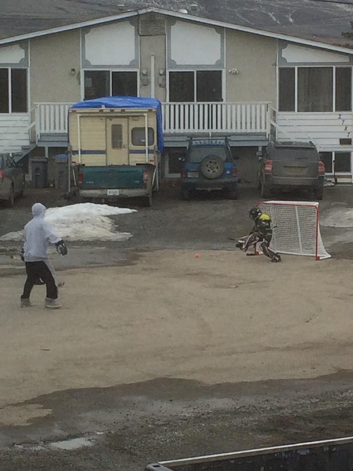 <who> Photo Credit: Deb Sharkey </who> Photo of the boys and their father playing hockey with their brand new hockey net.