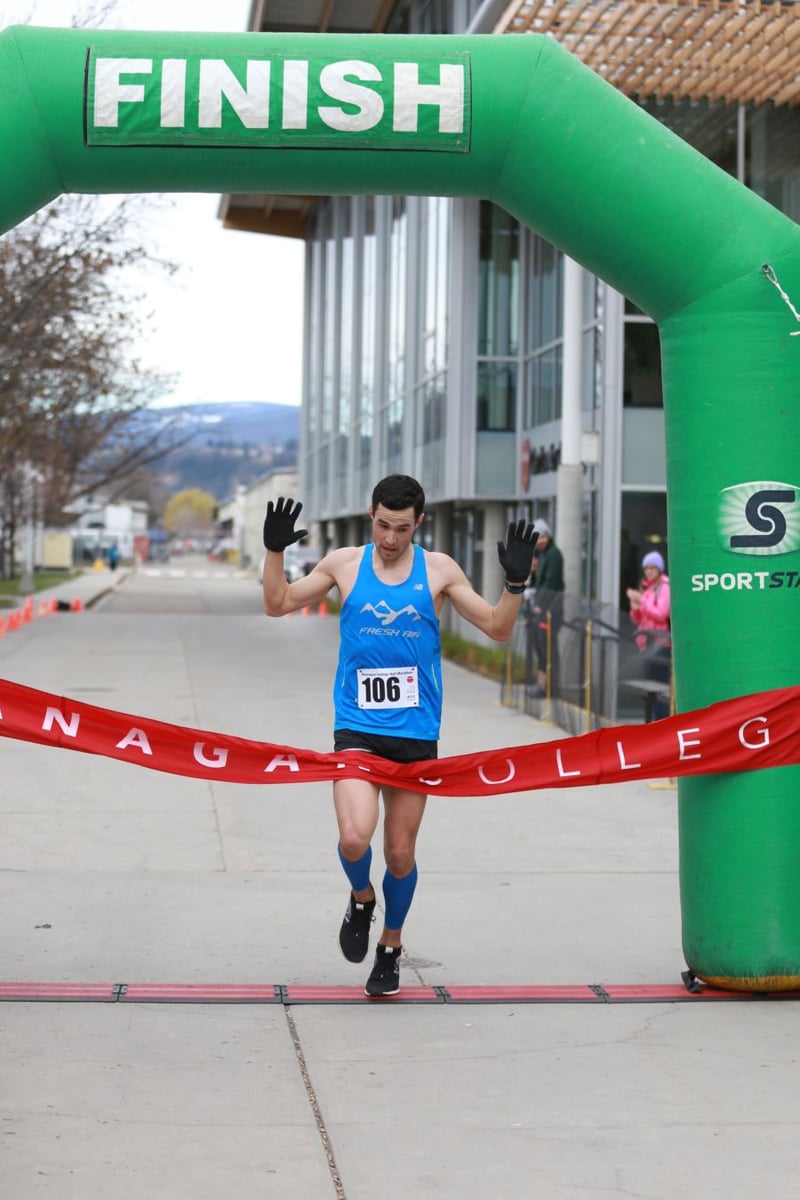 <who>Photo credit: KelownaNow</who> Kelowna local Brad Bickley crossing the finish line first. Bickley returned to Okanagan College’s annual half marathon on Sunday and claimed his second title in as many years with a finishing time of 1:13.