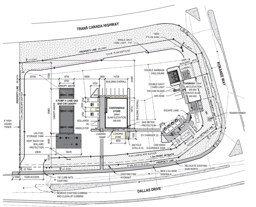 <who> Photo Credit: City of Kamloops </who> The layout of the proposed gas bar, convenience store and car wash.