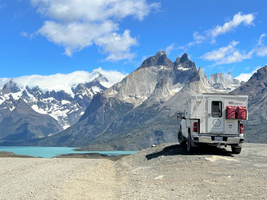 </who>Jeff and Lois Gunn's pop-up truck camper at Torres del Paine National Park in Chilean Patagonia.