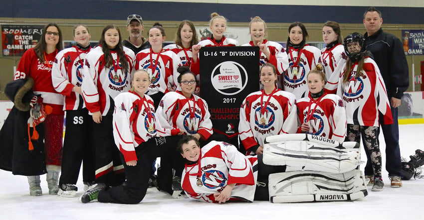 <who>Photo Credit: KelownaNow </who>The Westside Edge went undefeated in six games to claim the U16B gold medal at the 27th annual Kelowna Sweetheart Ringette Tournament on the weekend. Members of the championship team are, front: Josh Carefoot. From left, kneeling: Katelyn Trudel, Kaelyn Hamanishi, Louise Looman and Charli Morrison. Standing: Tanya Morrison (assistant coach), Samantha Stefan, Victoria van Every, Jamie Stefan (assistant coach), Marissa Carefoot, Carly Ortinski, Hannah Payne, Marlee Tremblay, Jaida Shaw, Morgan Ritchie, Kodi-Lynn Mortimer and Craig van Every (head coach).